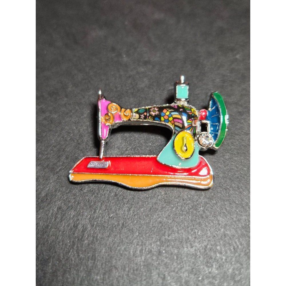 Silver tone colorful enamel sewing machine brooch